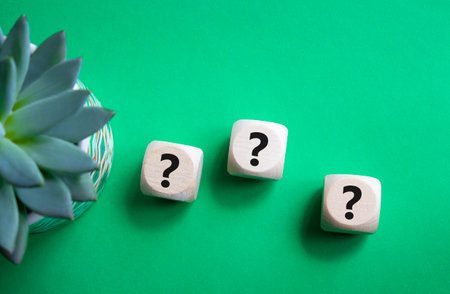 Question marks symbol. Concept words question mark on wooden cube. Beautiful green background with succulent plant. Business and question mark. Copy space.の写真素材
