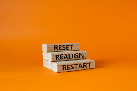 Reset Realign Restart symbol. Concept words Reset Realign Restart on wooden blocks. Beautiful orange background. Business and Reset Realign Restart concept. Copy space.の写真素材