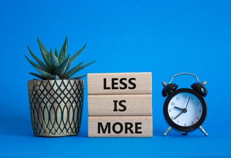 Less is More symbol. Concept words Less is More on wooden blocks. Beautiful blue background with succulent plant and alarm clock. Business and Less is More concept. Copy space.の写真素材