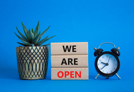 We are open symbol. Concept words We are open on wooden blocks. Beautiful blue background with succulent plant and alarm clock. Business and We are open concept. Copy spaceの写真素材