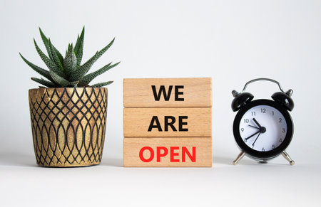 We are open symbol. Concept words We are open on wooden blocks. Beautiful white background with succulent plant and alarm clock. Business and We are open concept. Copy spaceの写真素材