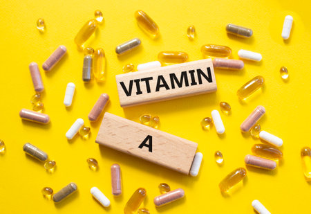 Vitamin A symbol. Concept word Vitamin A on wooden blocks. Beautiful yellow background with pills. Medicine and Vitamin A concept. Copy spaceの写真素材