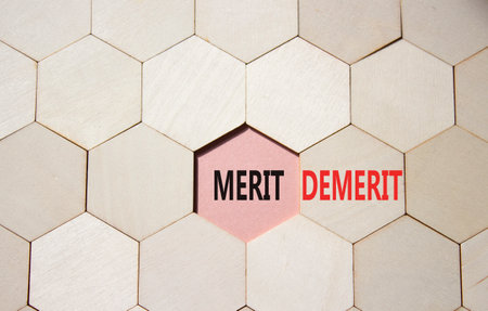 Merit or Demerit symbol. Concept word Merit or Demerit on wooden comb puzzle. Beautiful pink background. Business and Merit or Demerit concept. Copy spaceの写真素材