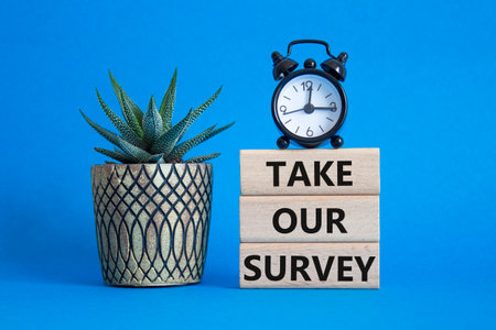 Take our Survey now symbol. Wooden blocks with words Take our Survey. Beautiful blue background with succulent plant and alarm clock. Business and Take our Survey concept. Copy space.の写真素材