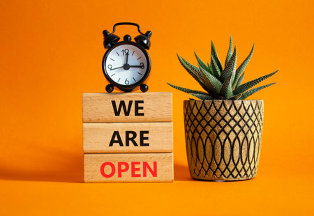 We are open symbol. Concept words We are open on wooden blocks. Beautiful orange background with succulent plant and alarm clock. Business and We are open concept. Copy spaceの写真素材