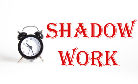 Shadow Work symbol. Concept words Shadow Work on Beautiful white background with alarm clock. Business and Shadow Work concept. Copy space.の写真素材