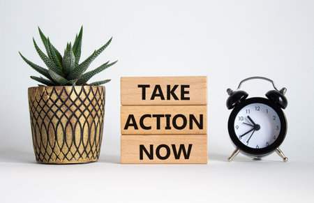 Take action now symbol. Wooden blocks with words Take action now. Beautiful white background with succulent plant and alarm clock. Business and Take action now concept. Copy space.の写真素材