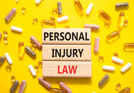 Personal Injury Law symbol. Concept words Personal Injury Law on wooden blocks. Beautiful yellow background with pills. Healthcare and Personal Injury Law concept. Copy space.の写真素材