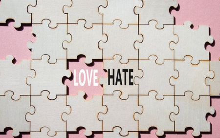 Love vs Hate symbol. Concept word Love vs Hate on wooden puzzle. Beautiful pink background. Business and Love vs Hate concept. Copy spaceの写真素材