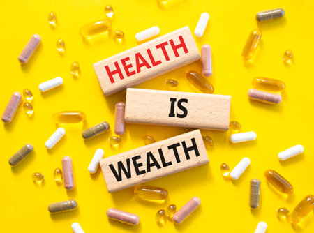 Health is Wealth symbol. Concept word Health is Wealth on wooden blocks. Beautiful yellow background with pills. Medicine and Health is Wealth concept. Copy spaceの写真素材