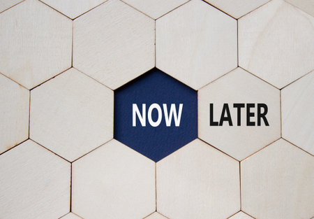 Now vs Later symbol. Concept word Now vs Later on wooden comb puzzle. Beautiful deep blue...