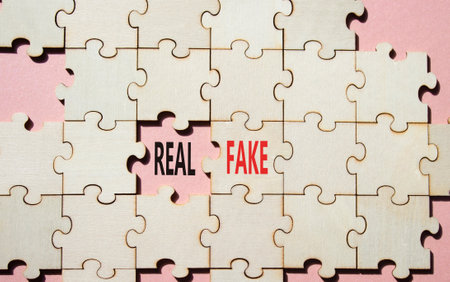 Real or Fake symbol. Concept word Real or Fake on wooden blocks. Beautiful pink background. Business and Real or Fake concept. Copy spaceの写真素材