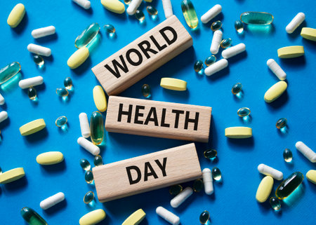World Health Day symbol. Concept words World Health Day on wooden blocks. Beautiful blue background with pills. Healthcare and World Health Day concept. Copy space.の写真素材