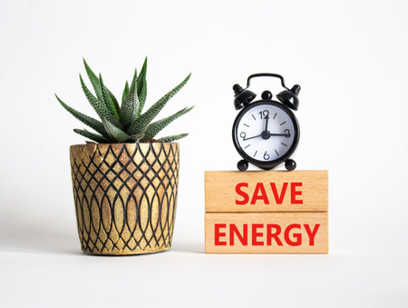 Save Energy symbol. Wooden blocks with words Save Energy. Beautiful white background with alarm...