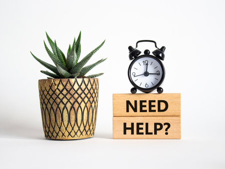 Need Help symbol. Concept words Need Help on wooden blocks. Beautiful white background with alarm clock and succulent plant. Business and Need Help concept. Copy space.の写真素材
