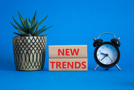 New Trends symbol. Wooden blocks with words New Trends. Beautiful blue background with alarm clock and succulent plant. Business and New Trends concept. Copy space.の写真素材