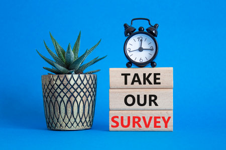 Take our Survey now symbol. Wooden blocks with words Take our Survey. Beautiful blue background with succulent plant and alarm clock. Business and Take our Survey concept. Copy space.の写真素材