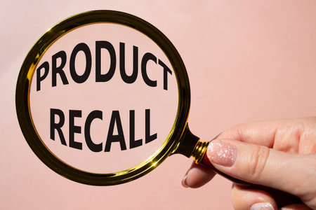 Product recall symbol. Concept words Product recall on magnifying glass. Beautiful pink background. Businessman hand. Business and Product recall concept. Copy space.の写真素材
