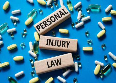 Personal Injury Law symbol. Concept words Personal Injury Law on wooden blocks. Beautiful blue background with pills. Healthcare and Personal Injury Law concept. Copy space.の写真素材