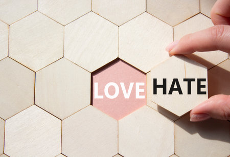 Love vs Hate symbol. Concept word Love vs Hate on wooden comb puzzle. Businessman hand. Beautiful pink background. Business and Love vs Hate concept. Copy spaceの写真素材