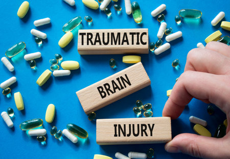 Traumatic Brain Injury symbol. Concept words Traumatic Brain Injury on wooden blocks. Beautiful blue background with pills. Doctor hand. Healthcare and Traumatic Brain Injury concept. Copy space.の写真素材