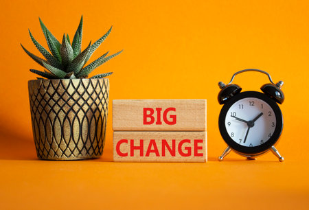 Big Change symbol. Wooden blocks with words Big Change. Beautiful orange background with alarm clock and succulent plant. Business and Big Change concept. Copy space.の写真素材