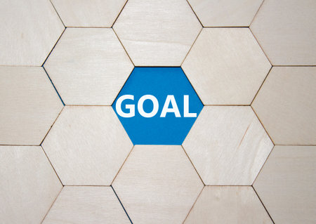 Goal symbol. Concept word Goal on wooden comb puzzle. Beautiful blue background. Business and Goal...
