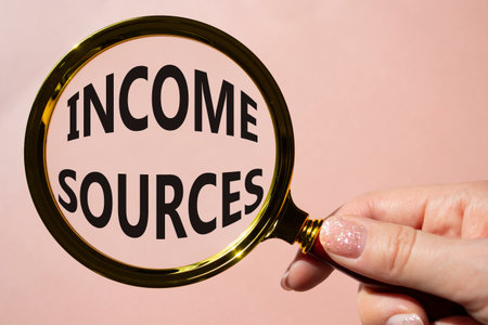 Income Sources symbol. Magnifying Glass with Concept word Income Sources. Beautiful pink background. Businessman hand. Business and Income Sources concept. Copy spaceの写真素材