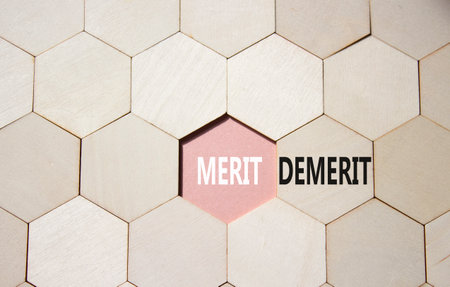 Merit or Demerit symbol. Concept word Merit or Demerit on wooden comb puzzle. Beautiful pink background. Business and Merit or Demerit concept. Copy spaceの写真素材