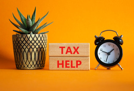 Tax Help symbol. Concept word Tax Help on Beautiful orange background with alarm clock and succulent plant. Business and Tax Help concept. Copy spaceの写真素材