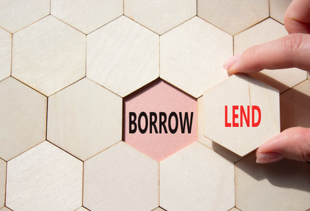Lend or Borrow symbol. Concept word Lend or Borrow on wooden comb puzzle. Businessman hand. Beautiful pink background. Business and Lend or Borrow concept. Copy spaceの写真素材