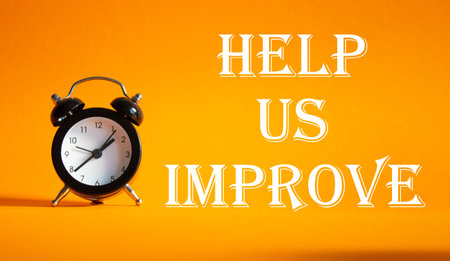 Help Us Improve symbol. Concept word Help Us Improve on Beautiful orange background with alarm...