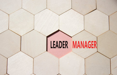 Leader or Manager symbol. Concept word Leader or Manager on wooden comb puzzle. Beautiful pink background. Business and Leader or Manager concept. Copy spaceの写真素材