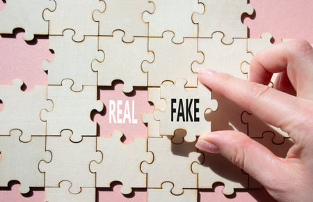 Real or Fake symbol. Concept word Real or Fake on wooden blocks. Businessman hand. Beautiful pink background. Business and Real or Fake concept. Copy spaceの写真素材