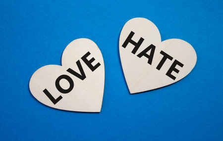 Love vs Hate symbol. Concept word Love vs Hate on wooden hearts. Beautiful blue background. Business and Love vs Hate concept. Copy spaceの写真素材