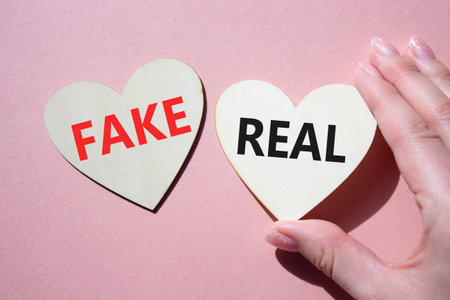 Real or Fake symbol. Concept word Real or Fake on wooden hearts. Beautiful pink background. Business and Real or Fake concept. Copy spaceの写真素材