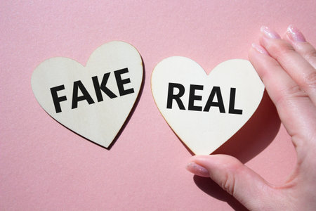 Real or Fake symbol. Concept word Real or Fake on wooden hearts. Beautiful pink background. Business and Real or Fake concept. Copy spaceの写真素材