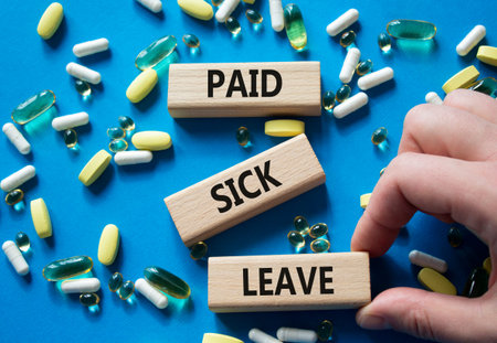 Paid Sick Leave symbol. Concept words Paid Sick Leave on wooden blocks. Beautiful blue background...