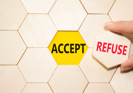 Accept or Reject symbol. Concept word Accept or Reject on wooden comb puzzle. Businessman hand....