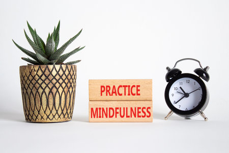 Practice Mindfulness symbol. Wooden blocks with words Practice Mindfulness. Beautiful white...