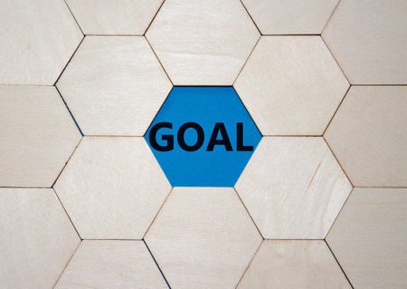 Goal symbol. Concept word Goal on wooden puzzle. Beautiful blue background. Business and Goal...
