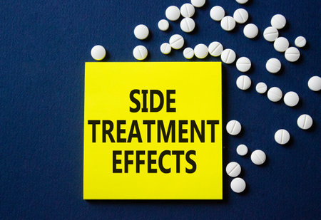 Side Treatment Effects symbol. Concept words Side Treatment Effects on yellow note. Beautiful deep...