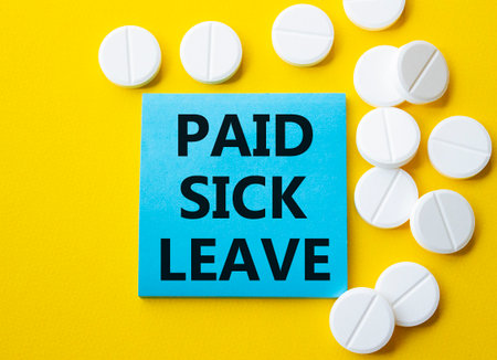 Paid Sick Leave symbol. Concept words Paid Sick Leave on blue note. Beautiful yellow background with pills. Healthcare and Paid Sick Leave concept. Copy space.の写真素材