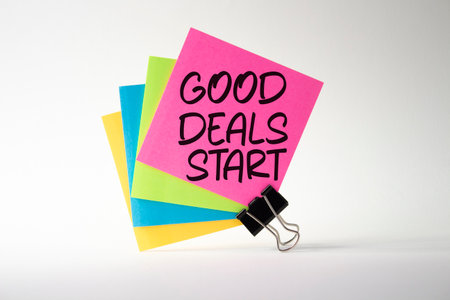 Good Deals Start symbol. Sticky Notes with words Good Deals Start. Beautiful white background. Business and Good Deals Start concept. Copy space.の写真素材