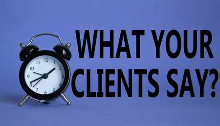 What your clients say words Welcome onboard on Beautiful purple background with alarm clock....