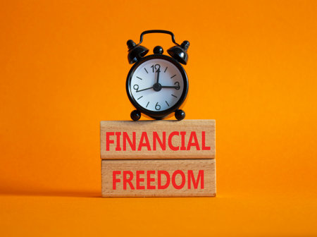 Financial freedom symbol. Wooden blocks with words Financial freedom. Beautiful orange background with alarm clock. Business and Financial freedom concept. Copy space.の写真素材