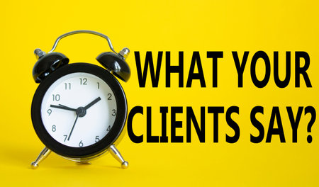 What your clients say words Welcome onboard on Beautiful yellow background with alarm clock....