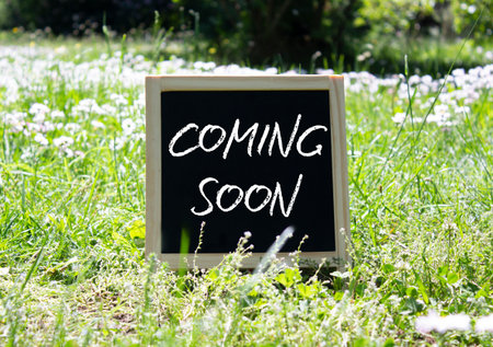 Coming Soon symbol. Concept word Coming Soon on chalk blackboard. Beautiful meadow background. Business and Coming Soon concept. Copy space.の写真素材