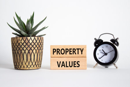 Property Values symbol. Wooden blocks with words Property Values. Beautiful white background with alarm clock and succulent plant. Business and Property Values concept. Copy space.の写真素材