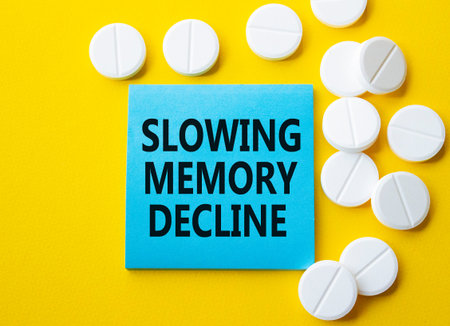 Slowing Memory Decline symbol. Concept words Slowing Memory Decline on blue note. Beautiful yellow...